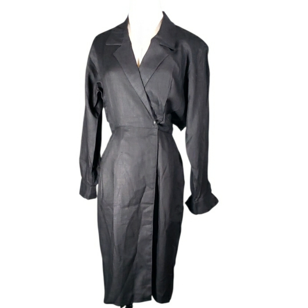 Vtg Linen Anne Taylor Faux Wrap Dress Black Trench Spy Style Classics Cocktail 8